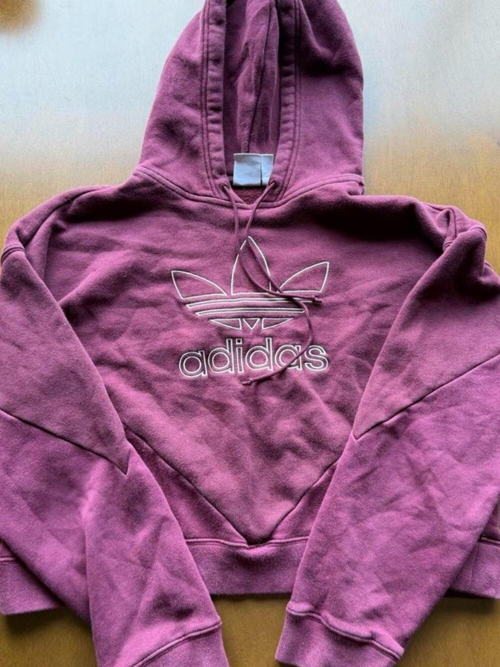 Adidas purple cropped hoodie with white trefoil logo, size M